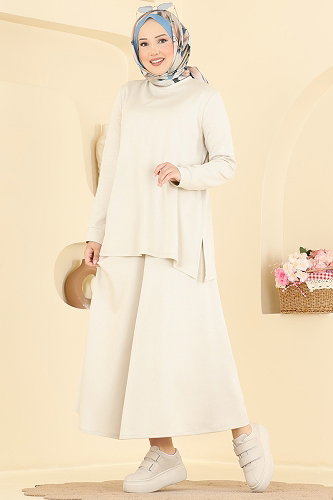 moda selvim Yandan Yırtmaçlı 2 li Takım 5678ZNNK1102 Taş - Thumbnail