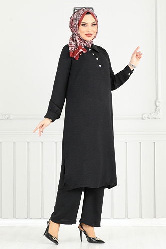 moda selvim Yandan Yırtmaçlı Aerobin Takım 4014MH1062-M Siyah - Thumbnail