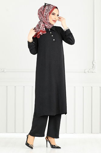 moda selvim Yandan Yırtmaçlı Aerobin Takım 4014MH1062-M Siyah - Thumbnail