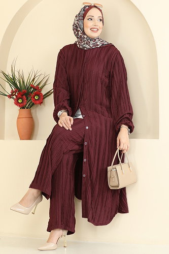 moda selvim Yandan Yırtmaçlı Bürümcük Takım 0356ERK1158 Bordo - Thumbnail