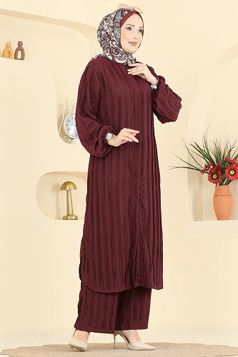 moda selvim Yandan Yırtmaçlı Bürümcük Takım 0356ERK1158 Bordo - Thumbnail
