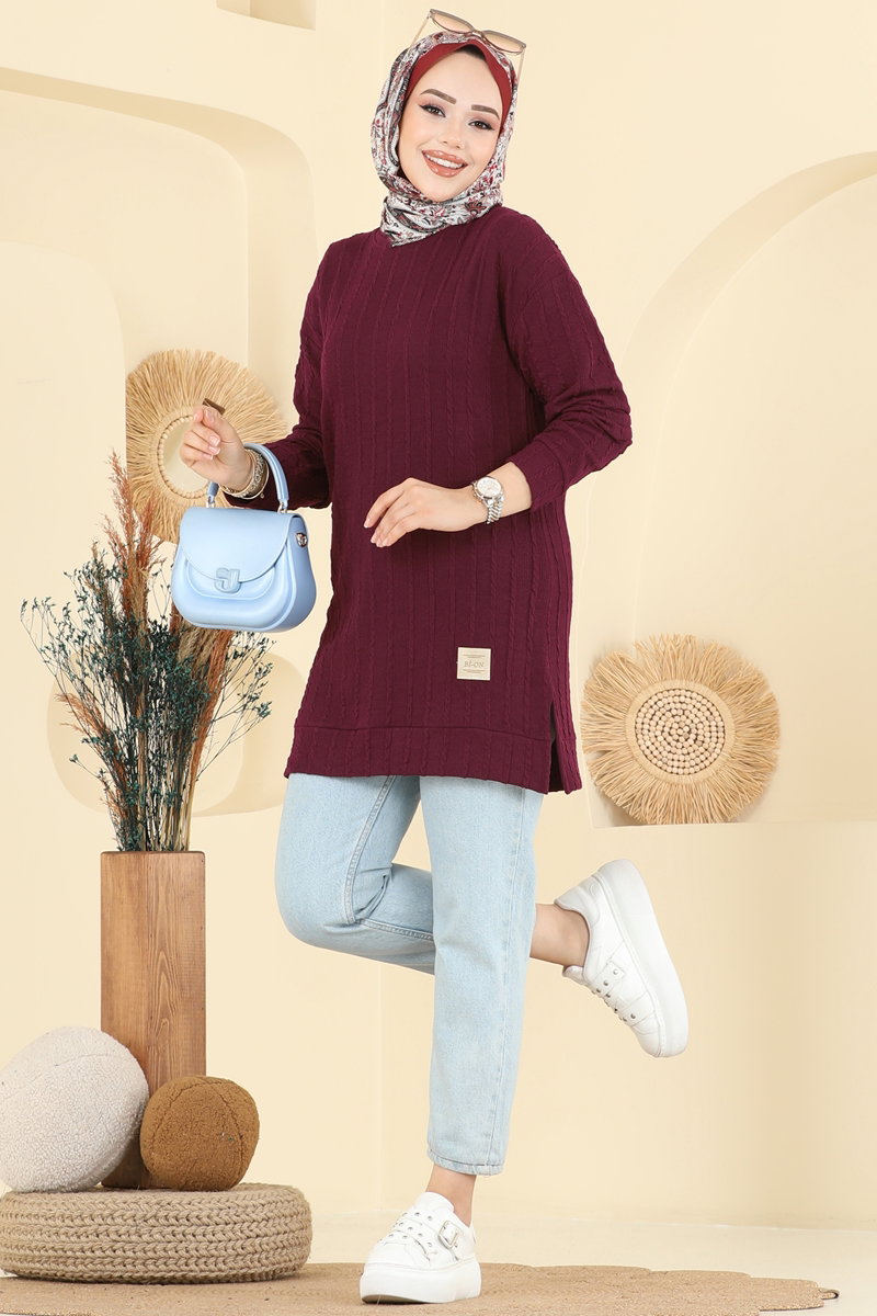 Yandan Yırtmaçlı Bürümcük Tunik 190BO429 Bordo