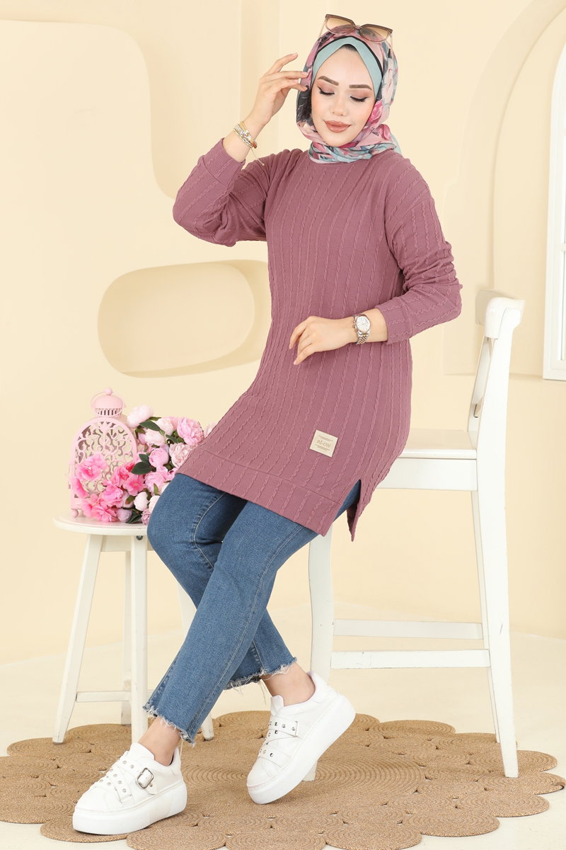 Yandan Yırtmaçlı Bürümcük Tunik 190BO429 Gül Kurusu