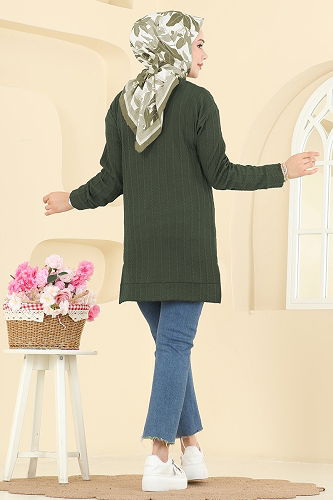 moda selvim Yandan Yırtmaçlı Bürümcük Tunik 190BO429 Haki - Thumbnail