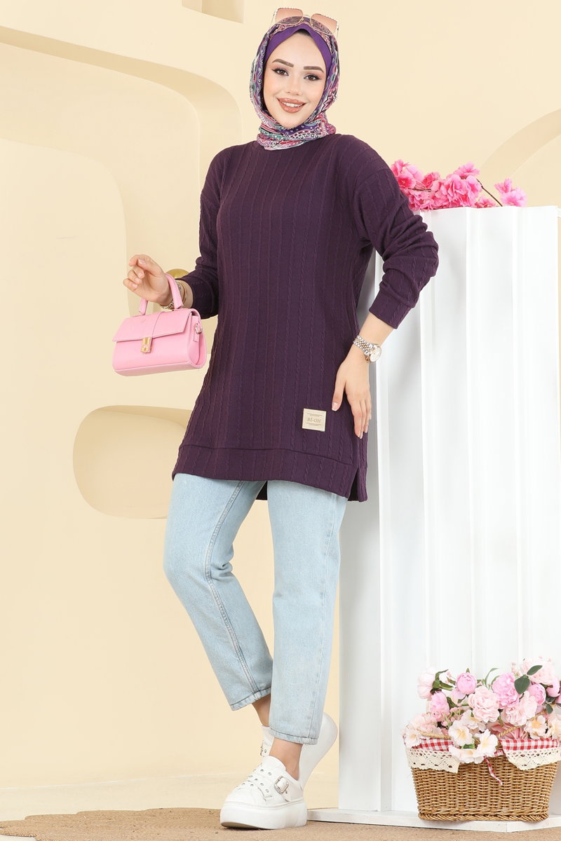 Yandan Yırtmaçlı Bürümcük Tunik 190BO429 Mürdüm