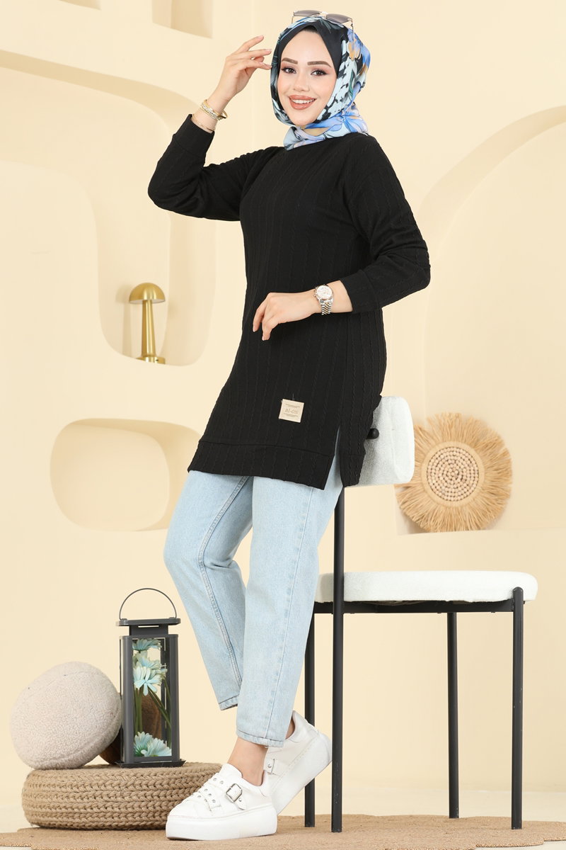 Yandan Yırtmaçlı Bürümcük Tunik 190BO429 Siyah