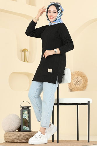 moda selvim Yandan Yırtmaçlı Bürümcük Tunik 190BO429 Siyah - Thumbnail