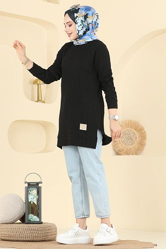 moda selvim Yandan Yırtmaçlı Bürümcük Tunik 190BO429 Siyah - Thumbnail