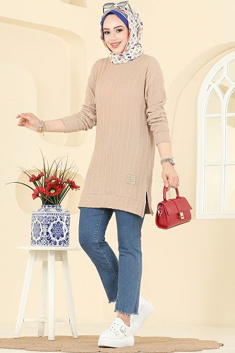 moda selvim Yandan Yırtmaçlı Bürümcük Tunik 190BO429 Taş - Thumbnail