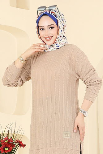 moda selvim Yandan Yırtmaçlı Bürümcük Tunik 190BO429 Taş - Thumbnail