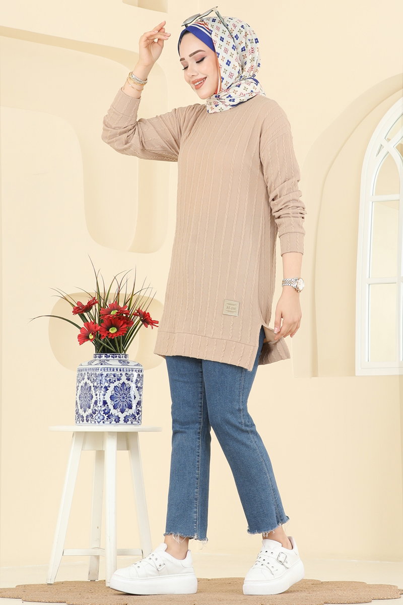 Yandan Yırtmaçlı Bürümcük Tunik 190BO429 Taş