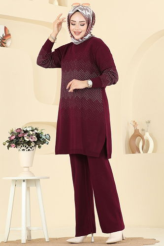 moda selvim Yandan Yırtmaçlı İkili Takım 2754AYD574 Bordo - Thumbnail