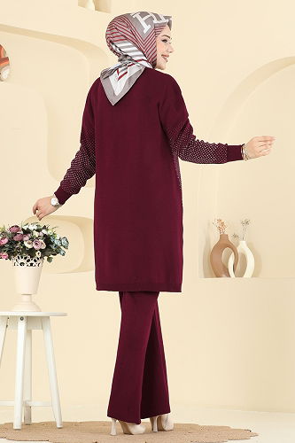 moda selvim Yandan Yırtmaçlı İkili Takım 2754AYD574 Bordo - Thumbnail