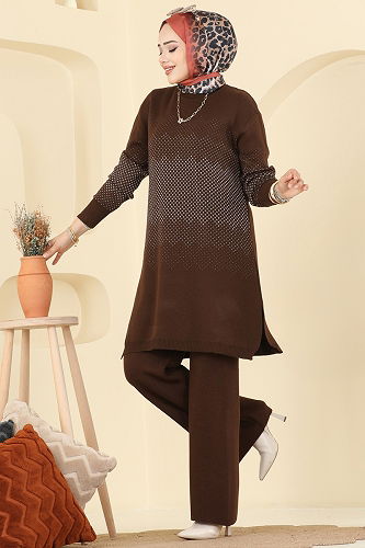 moda selvim Yandan Yırtmaçlı İkili Takım 2754AYD574 Kahve - Thumbnail