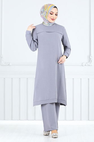 moda selvim Yandan Yırtmaçlı İkili Takım 351DVL897-M Gri - Thumbnail