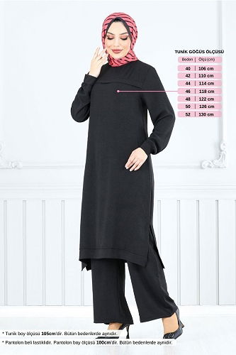 moda selvim Yandan Yırtmaçlı İkili Takım 351DVL897-M Siyah - Thumbnail