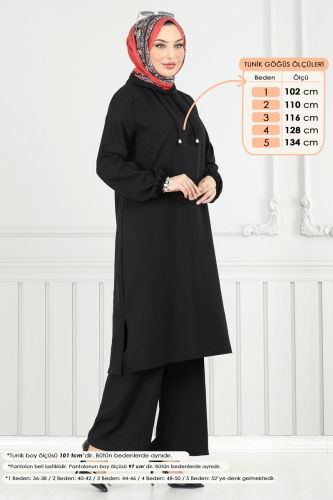 moda selvim Yandan Yırtmaçlı Keten Takım 824OZN1046 Siyah - Thumbnail