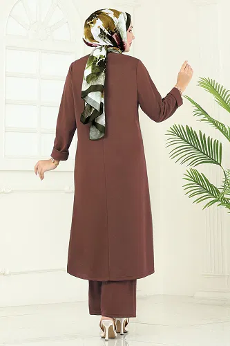 moda selvim Yandan Yırtmaçlı Mira Takım 454DVL817 Kahve - Thumbnail