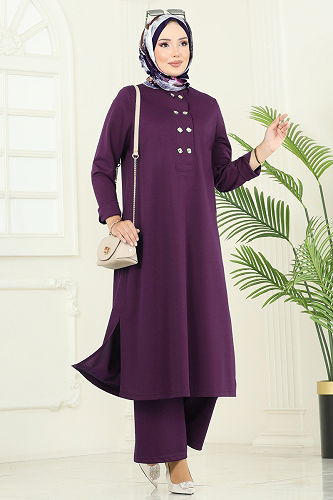 moda selvim Yandan Yırtmaçlı Mira Takım 454DVL817 Mürdüm - Thumbnail