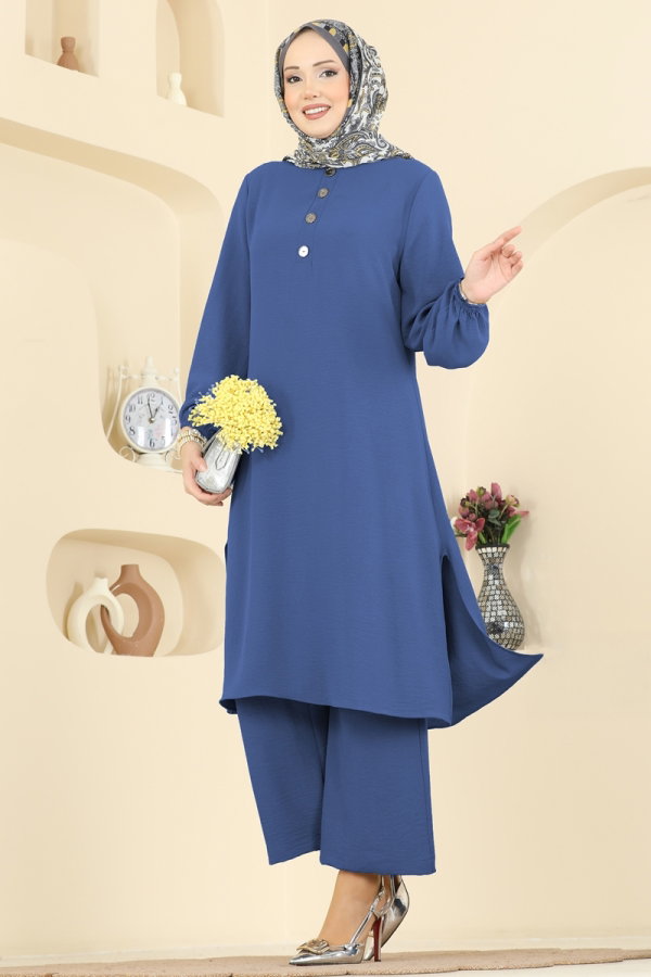 Modaselvim Kombin Yandan Yırtmaçlı Şık Takım 3032SMD1186 İndigo