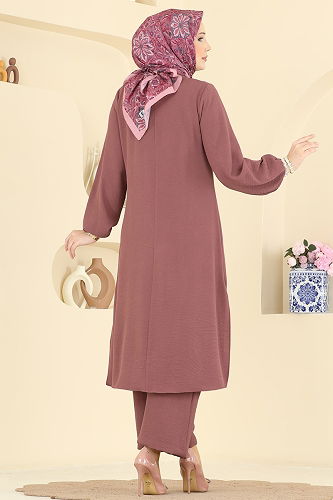 moda selvim Yandan Yırtmaçlı Şık Takım 3032SMD1186 Koyu Gül Kurusu - Thumbnail