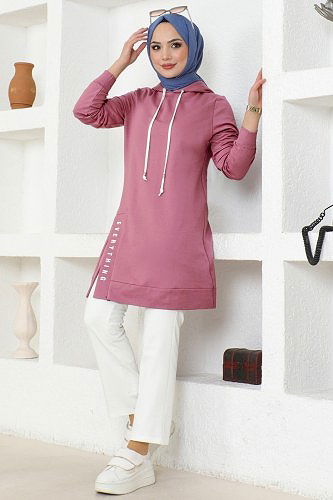 moda selvim Yandan Yırtmaçlı Spor Takım 2435SL432 Koyu Gül Kurusu&Ekru - Thumbnail