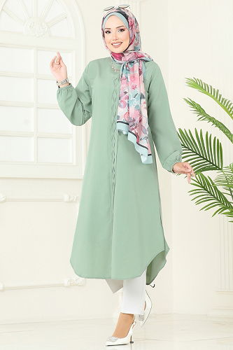 moda selvim Yandan Yırtmaçlı Terikoton Tunik 4109PM271 Mint - Thumbnail