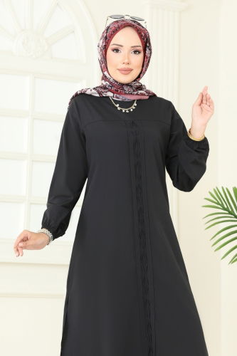 moda selvim Yandan Yırtmaçlı Terikoton Tunik 4109PM271 Siyah - Thumbnail