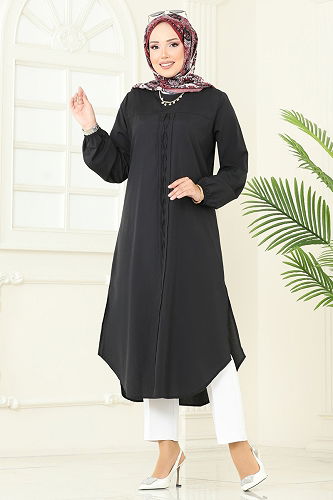 moda selvim Yandan Yırtmaçlı Terikoton Tunik 4109PM271 Siyah - Thumbnail