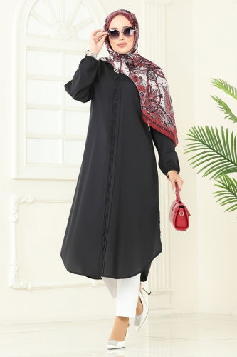 moda selvim Yandan Yırtmaçlı Terikoton Tunik 4109PM271 Siyah - Thumbnail