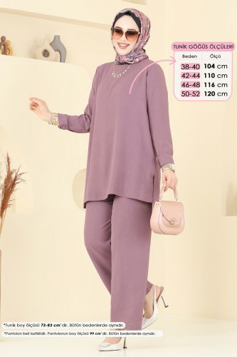 moda selvim Yandan Yırtmaçlı Tesettür Takım 0047UZ662 Gül Kurusu - Thumbnail