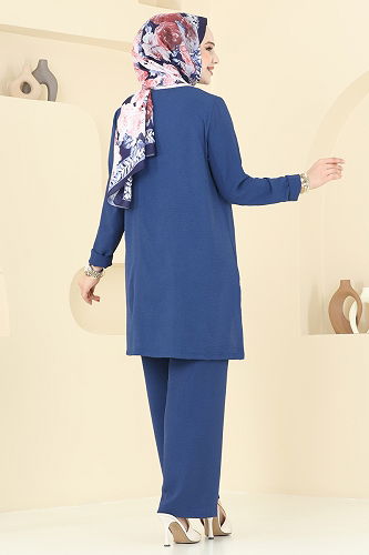 moda selvim Yandan Yırtmaçlı Tesettür Takım 0047UZ662 İndigo - Thumbnail