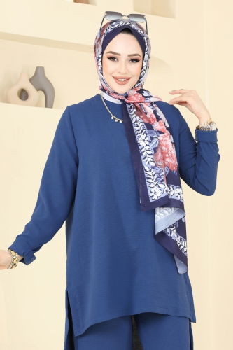 moda selvim Yandan Yırtmaçlı Tesettür Takım 0047UZ662 İndigo - Thumbnail