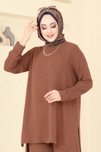moda selvim Yandan Yırtmaçlı Tesettür Takım 0047UZ662 Kahve - Thumbnail