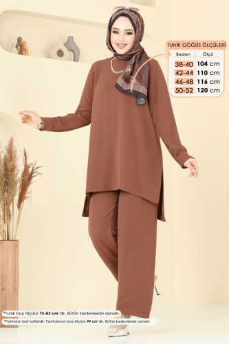 moda selvim Yandan Yırtmaçlı Tesettür Takım 0047UZ662 Kahve - Thumbnail