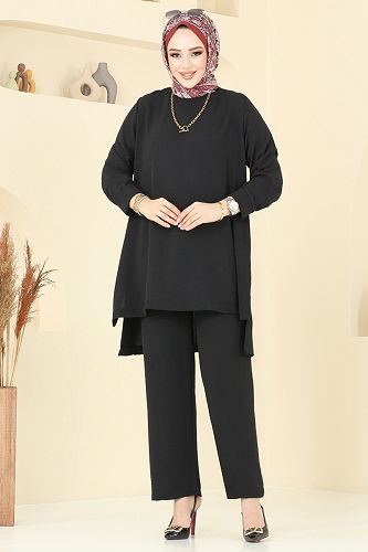 moda selvim Yandan Yırtmaçlı Tesettür Takım 0047UZ662 Siyah - Thumbnail