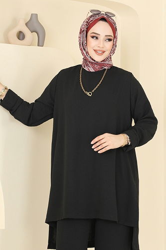 moda selvim Yandan Yırtmaçlı Tesettür Takım 0047UZ662 Siyah - Thumbnail