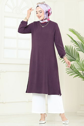 moda selvim Yandan Yırtmaçlı Tesettür Takım 1994FON792 Koyu Lila - Thumbnail