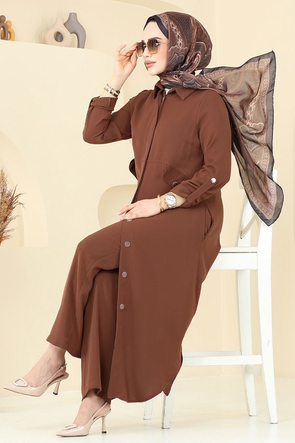 S.L. - Yandan Yırtmaçlı Tesettür Takım 2631SL432 Kahve