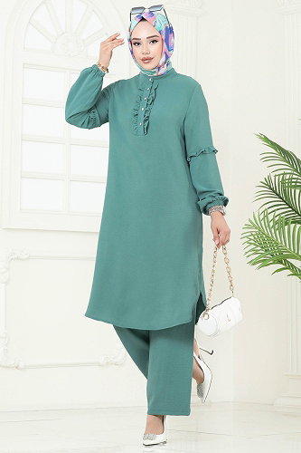 moda selvim Yandan Yırtmaçlı Tesettür Takım 412DVL817 Mint - Thumbnail