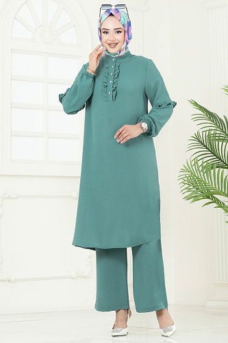 moda selvim Yandan Yırtmaçlı Tesettür Takım 412DVL817 Mint - Thumbnail