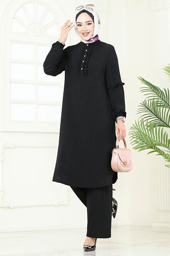 moda selvim Yandan Yırtmaçlı Tesettür Takım 412DVL817 Siyah - Thumbnail