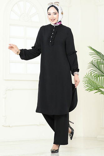 moda selvim Yandan Yırtmaçlı Tesettür Takım 412DVL817 Siyah - Thumbnail