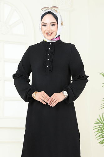 moda selvim Yandan Yırtmaçlı Tesettür Takım 412DVL817 Siyah - Thumbnail