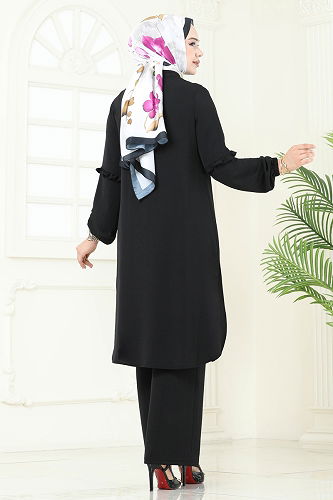 moda selvim Yandan Yırtmaçlı Tesettür Takım 412DVL817 Siyah - Thumbnail