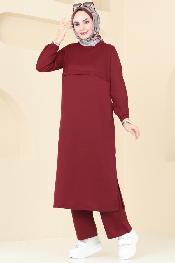 Modaselvim Kombin Yandan Yırtmaçlı Tesettür Takım 5083UZ662 Bordo