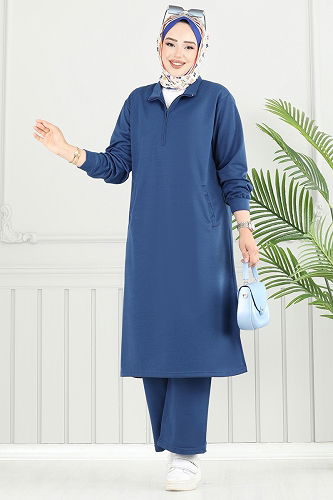 moda selvim Yandan Yırtmaçlı Tesettür Takım 6036UZ662 İndigo - Thumbnail