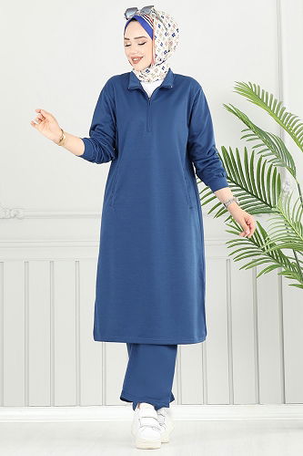 moda selvim Yandan Yırtmaçlı Tesettür Takım 6036UZ662 İndigo - Thumbnail