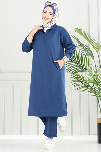 moda selvim Yandan Yırtmaçlı Tesettür Takım 6036UZ662 İndigo - Thumbnail
