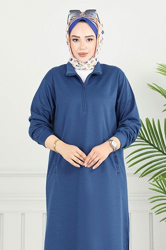 moda selvim Yandan Yırtmaçlı Tesettür Takım 6036UZ662 İndigo - Thumbnail